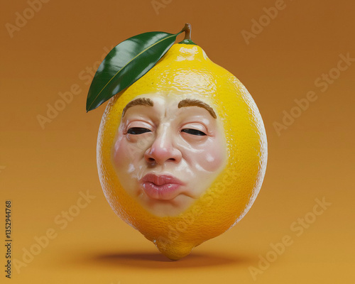  a lemon with human-like facial features. The lemon is bright yellow with a glossy texture, and it has a large, exaggerated face with closed eyes and puckered lips, giving it a humorous expression (2)