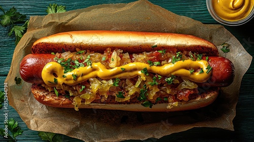 Gourmet hot dog with sauerkraut and mustard on rustic wood. Food photography for menus or blogs