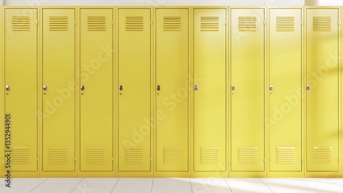 A row of yellow lockers with ventilation slots and small locks in a school hallway