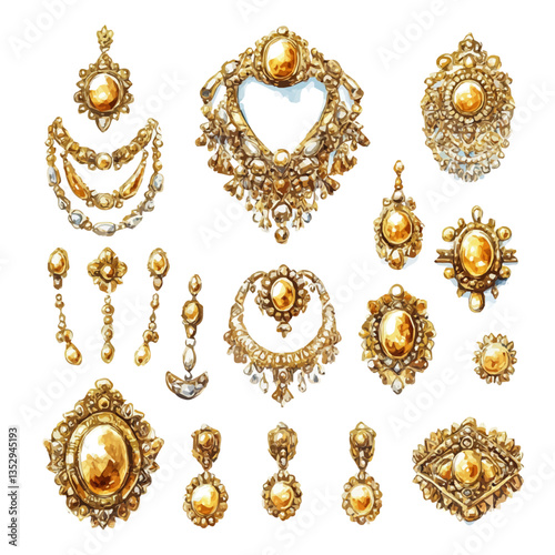 watercolor of Intricate Gold Jewelry Set, isolated on a white background.