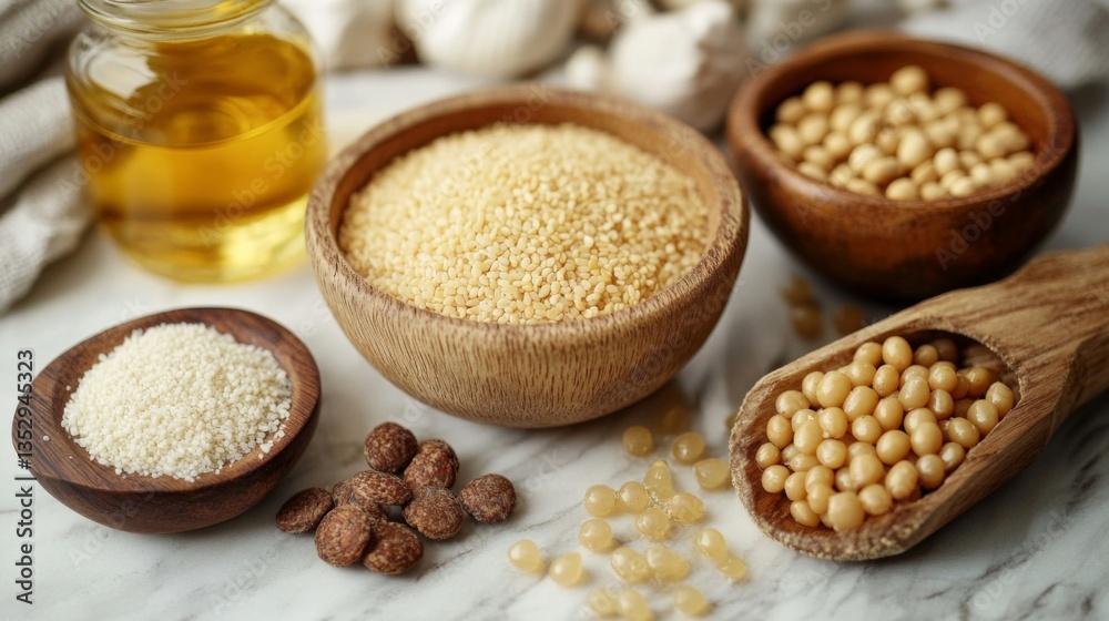 Assortment of Grains, Soybeans and Oil in Wooden Bowls Assortment of Grains, Soybeans and Oil in Wooden Bowls