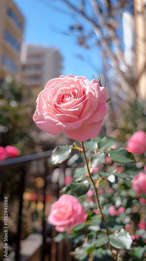 Single pink rose in bloom outdoors.