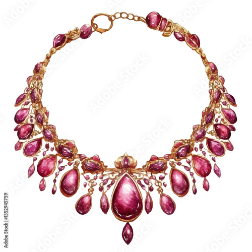 A watercolor vector painting of an intricate ruby and gold choker necklace, luxurious and elegant, isolated on a white background. Ruby and gold choker necklace vector.

