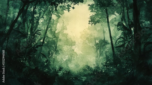 Fototapeta Naklejka Na Ścianę i Meble -  Dark Green Jungle Forest with Light Path