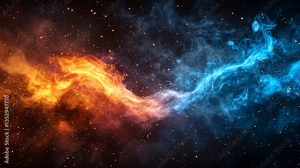 Abstract fiery and icy swirls in space.