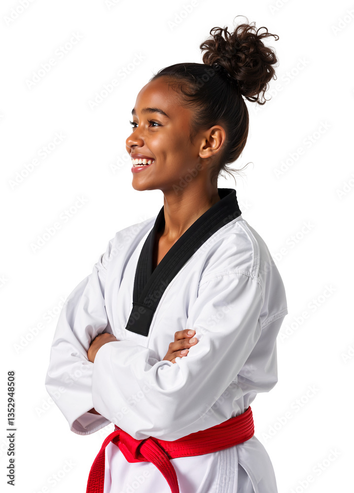 Young black African girl in taekwondo uniform with a red belt posing confidently