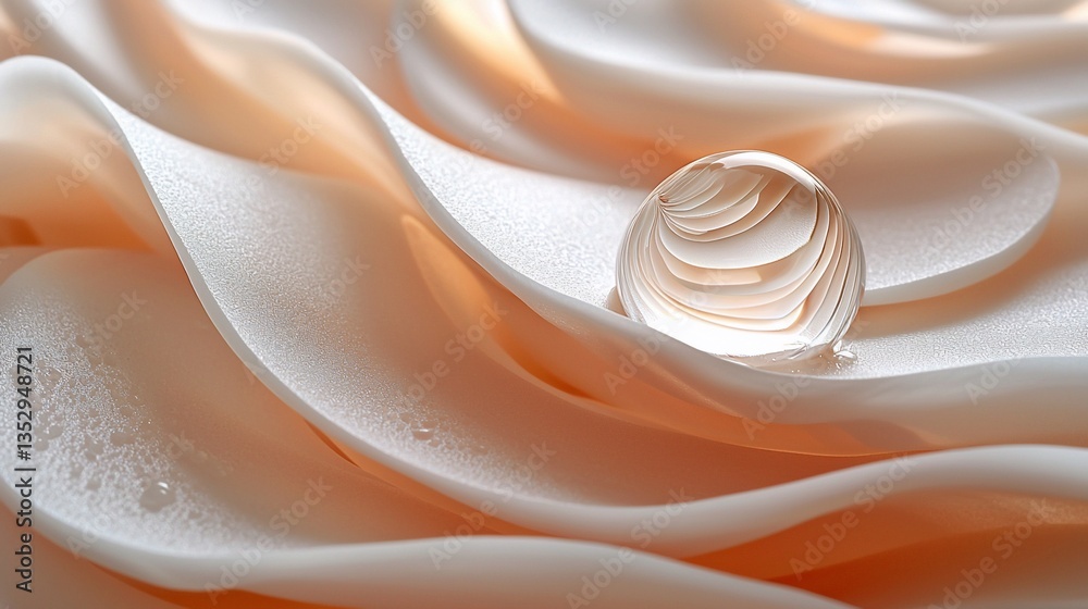 Glass sphere on peach-colored fabric waves.