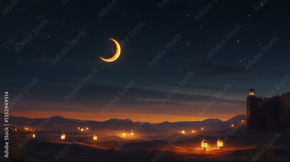 Naklejka premium Mystical Night Desert with Crescent Moon