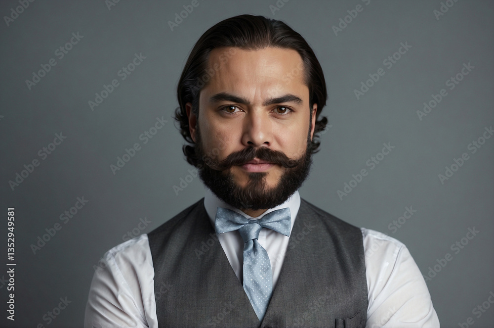Obraz premium Confident Man in Black Suit and Bow Tie, Professional Studio Portrait on Gray Background