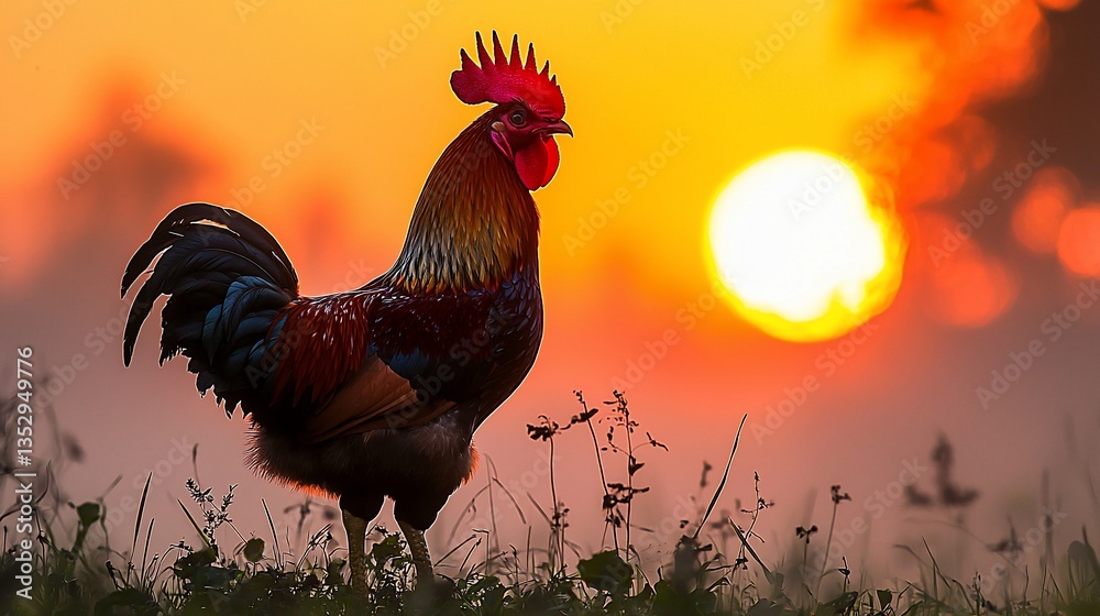 Rooster silhouetted against a vibrant sunrise.