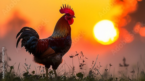 Rooster silhouetted against a vibrant sunrise.