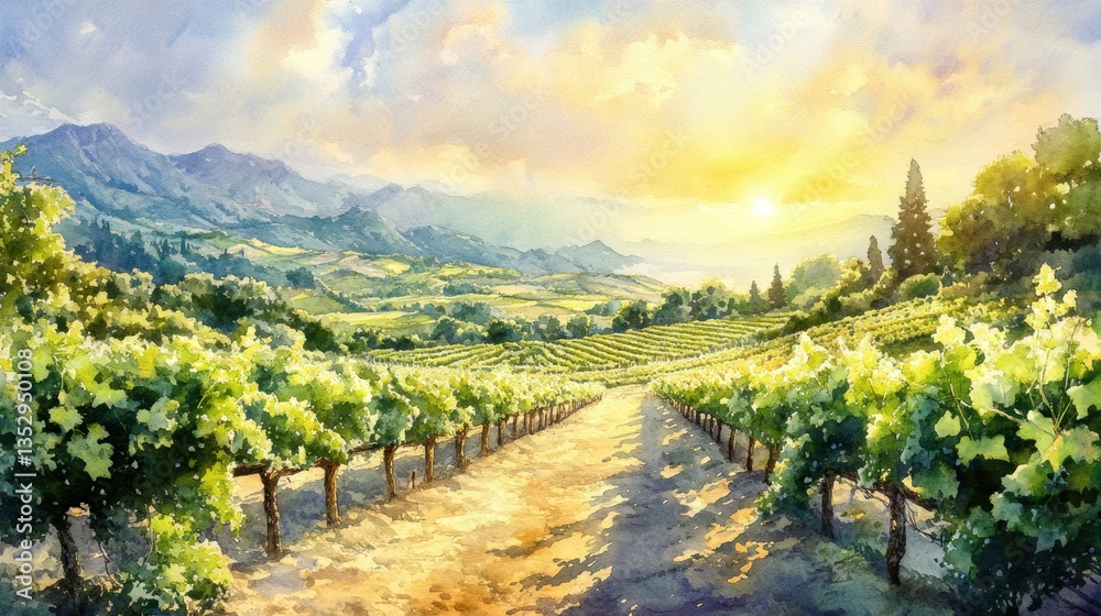 Naklejka premium Sunset Over Vineyard Landscape with Rolling Hills