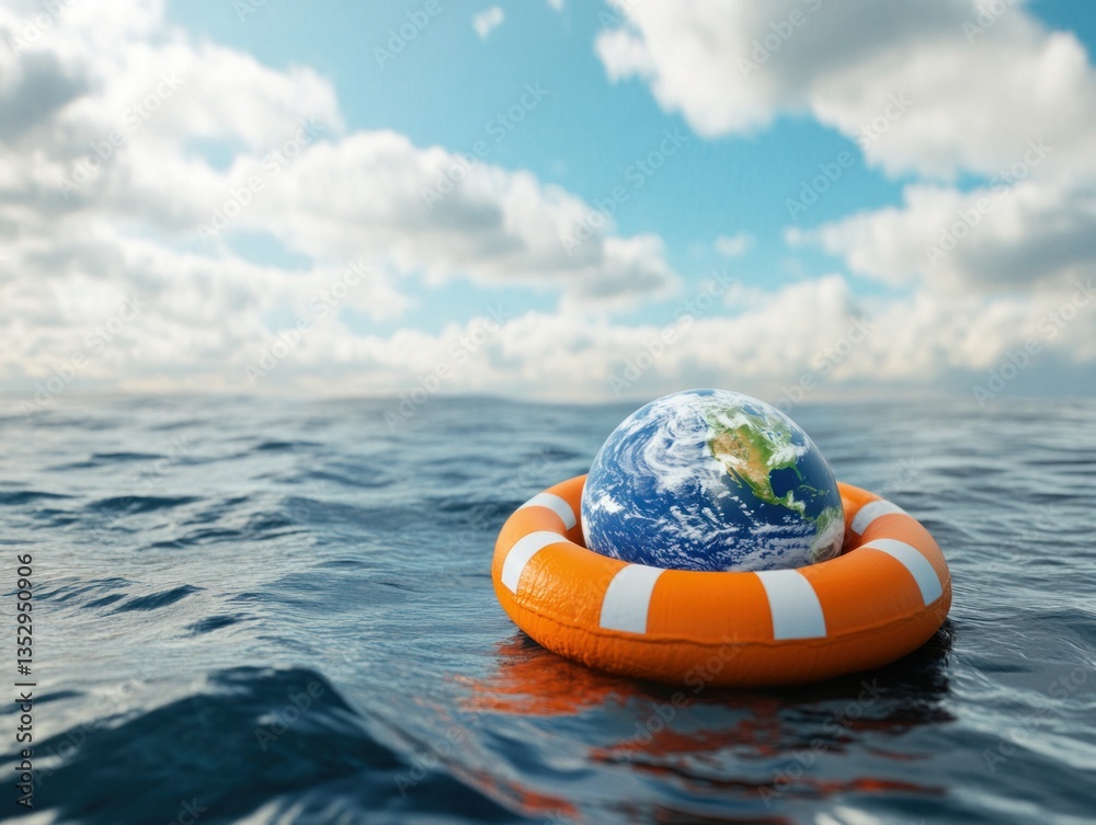 Obraz premium Earth floating in the ocean protected by a life preserver device