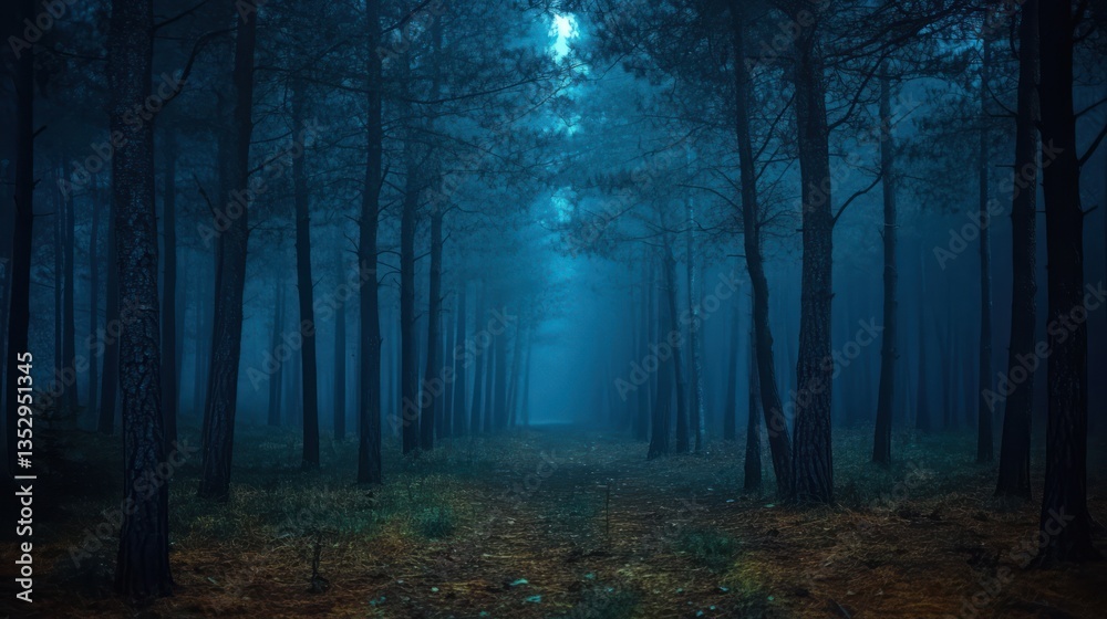 Moonlit foggy forest path, mystical night scene, nature background, fantasy art