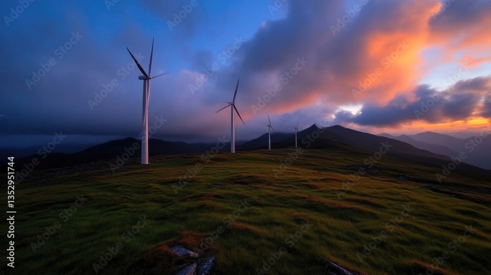 Obraz premium Wind turbines stand tall on a mountaintop at sunset. Dramatic clouds paint the sky in hues of orange and purple