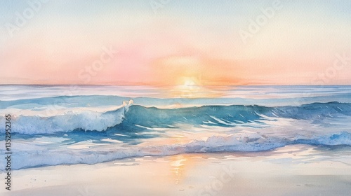 Pastel Sunset Over Ocean Waves on Sandy Beach