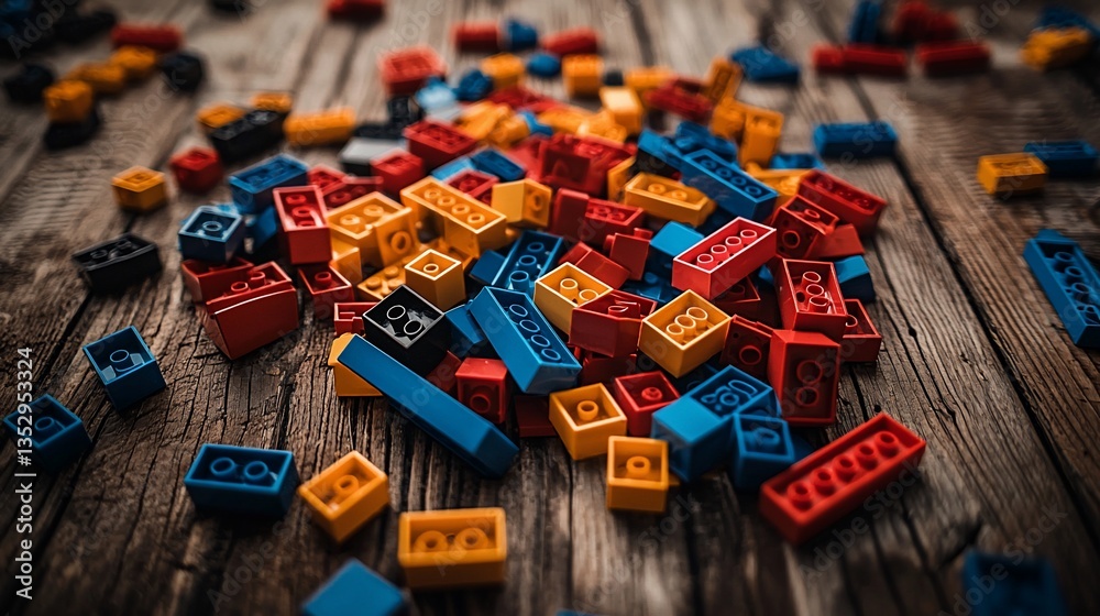 Fototapeta premium Colorful plastic blocks scattered on rustic wood. (1)