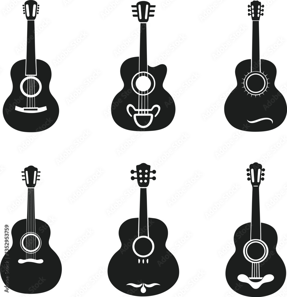 Naklejka premium Set of Minimalist Acoustic Guitar Silhouettes - Black Vector Illustration