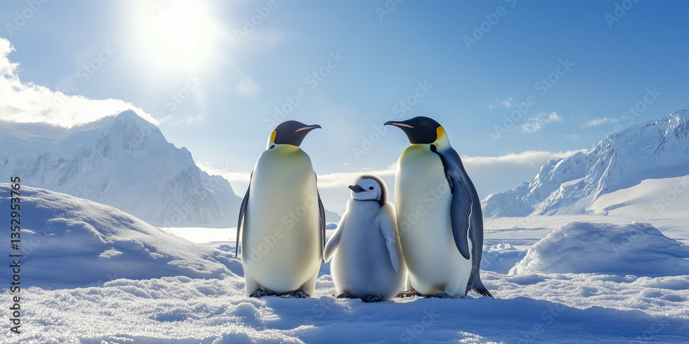 Naklejka premium Group of penguins in snow Arctic environment. World penguin day