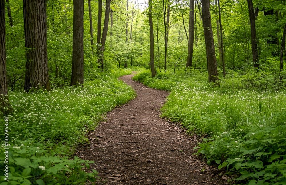 Tranquil nature walk through lush green forest path with tall trees and wildflowers on sunny day Tranquil nature walk through lush green forest path with tall trees and wildflowers on sunny day