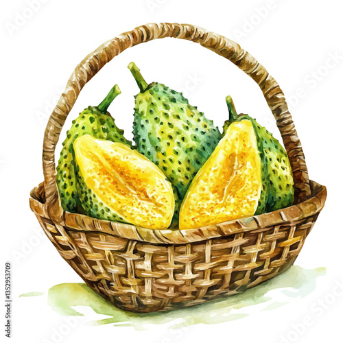 watercolor vector of Jackfruit Basket, isolated on a white background.