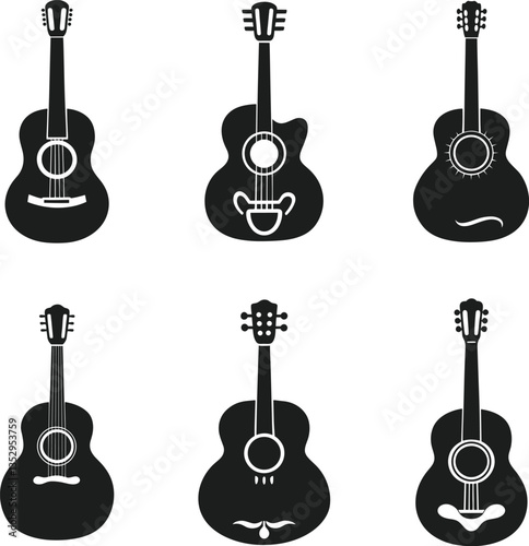 Set of Minimalist Acoustic Guitar Silhouettes - Black Vector Illustration