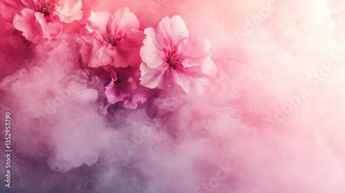 Pink flowers emerging from ethereal smoke against a soft pink gradient