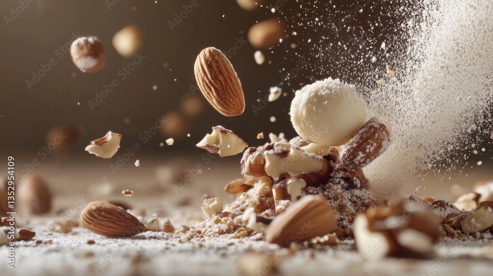 Fototapeta premium Flying Almonds and Walnuts with Powder Burst