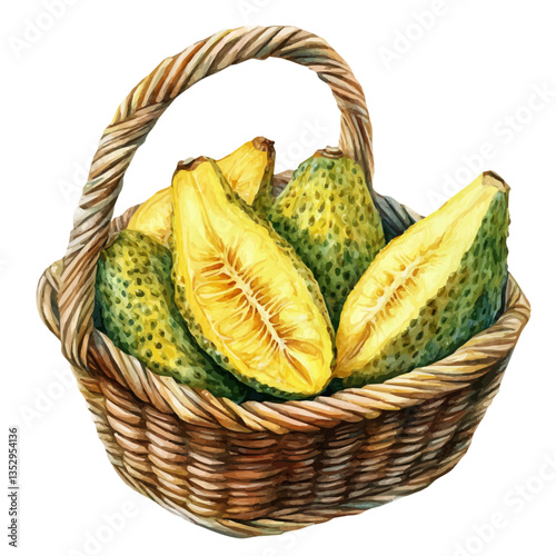 A watercolor vector painting of a jackfruit basket, isolated on a white background. Jackfruit basket vector.

