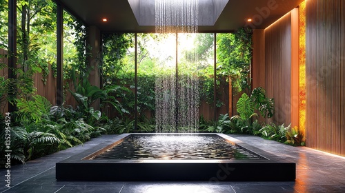 Indoor oasis tranquil spa with waterfall, lush greenery, and natural light. Perfect for relaxation and wellness marketing
