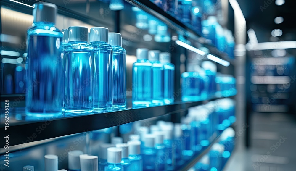 Blue cosmetic bottles on store shelves. Retail display of liquid products Blue cosmetic bottles on store shelves. Retail display of liquid products