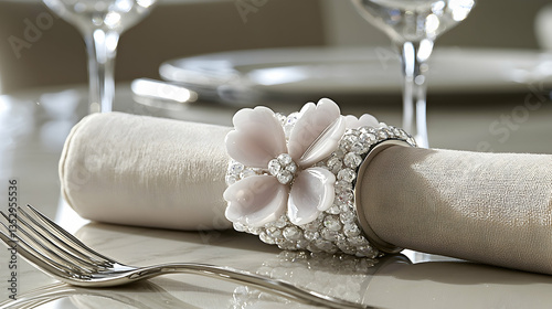 Elegant napkin ring with flower detail on a fine dining table setting.  Use Wedding, event, or luxury lifestyle imagery
