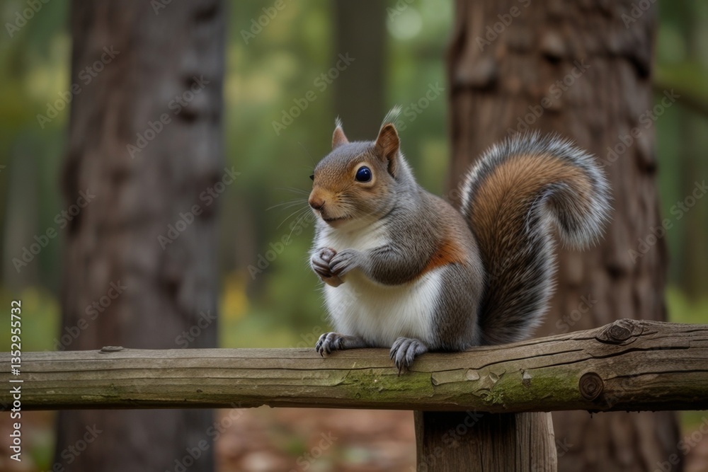 Fototapeta premium A tiny squirrel sits on a fence, its bushy tail curled up.