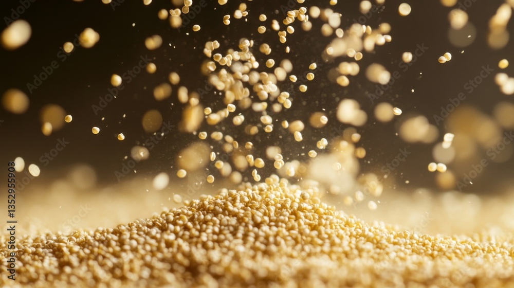 Golden Granules Falling onto a Pile on Dark Background