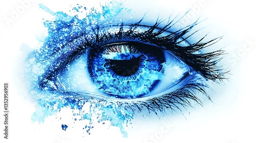 Crystalline blue eye with watercolor splash effect