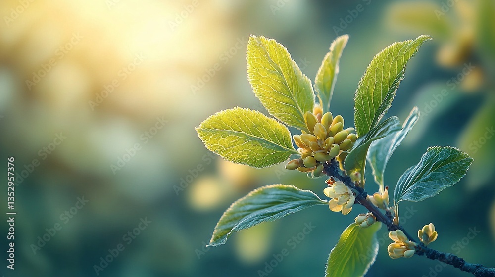 Close-up of vibrant green leaves and budding blossoms bathed in sunlight. Close-up of vibrant green leaves and budding blossoms bathed in sunlight.