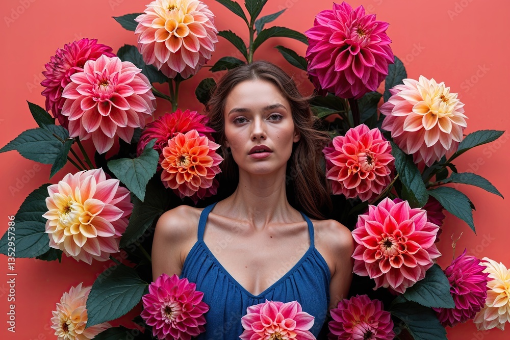 Naklejka premium Model Surrounded by Vibrant Dahlias on a Coral Background