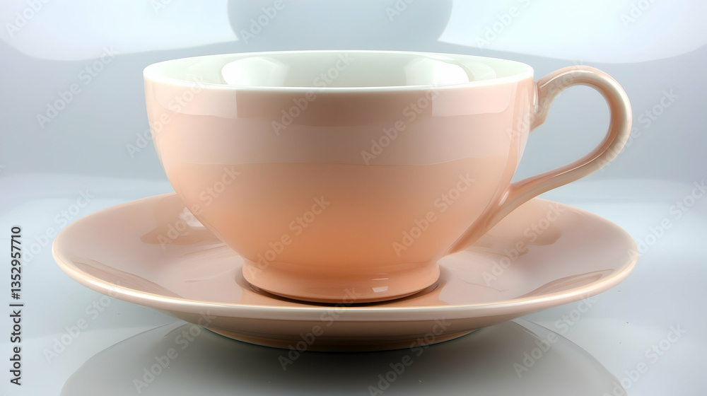 Peach teacup saucer set, studio shot, light background, beverage service Peach teacup saucer set, studio shot, light background, beverage service