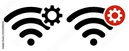 Wi-Fi icon with settings. Black wireless internet icon with gear. Concept of managing connection, network parameters and Wi-Fi configuration. Symbol of wireless connection settings.
