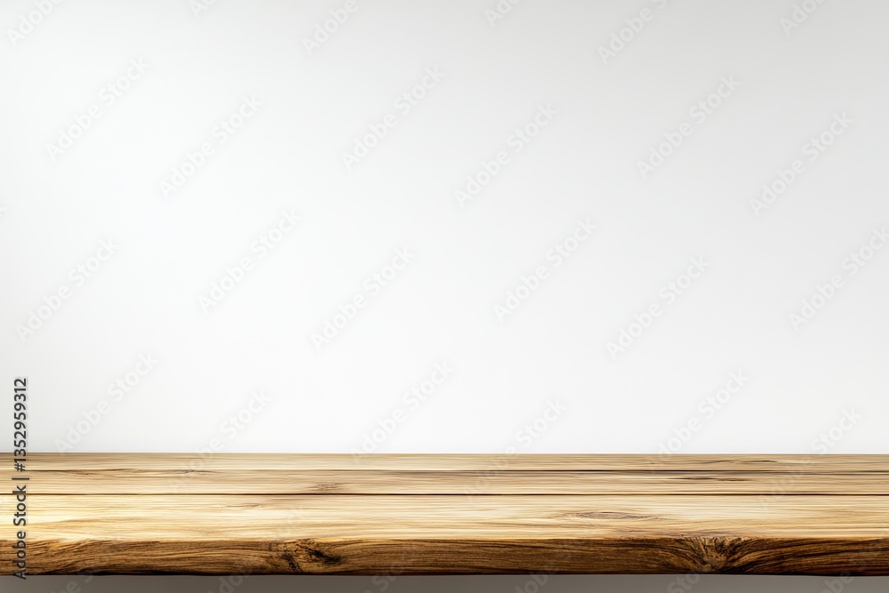 Simple wooden tabletop against a blank white wall Simple wooden tabletop against a blank white wall