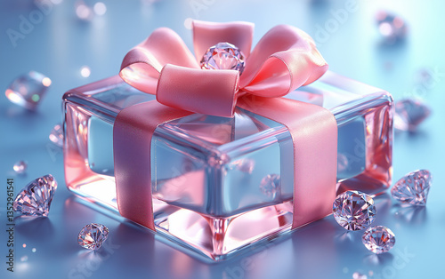 Elegant Glass Gift Box with Pink Ribbon and Diamonds on Blue Background