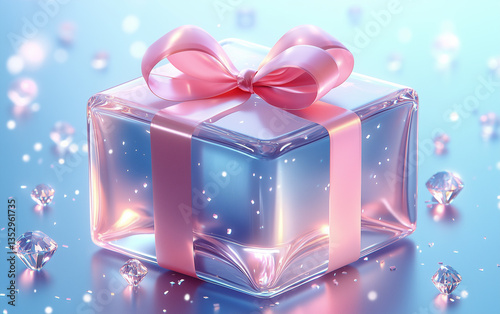 Elegant Glass Gift Box with Pink Ribbon and Diamonds on Light Blue Background