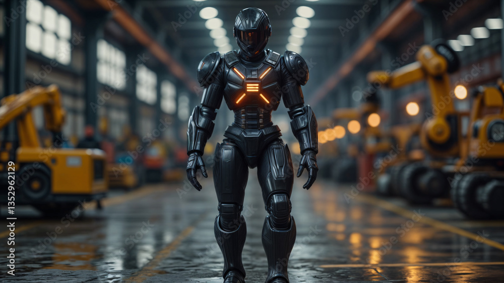 Futuristic Humanoid Robot in Industrial Setting Futuristic Humanoid Robot in Industrial Setting