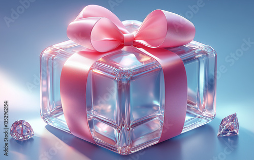 Elegant Glass Gift Box with Pink Ribbon and Diamonds on Soft Blue Background