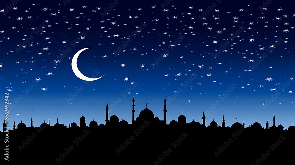 Naklejka premium Night city skyline, crescent moon, stars, peaceful background, ideal for Ramadan
