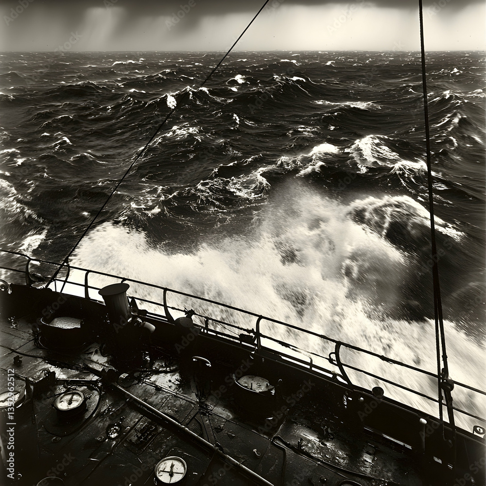 Fototapeta premium Ship sailing stormy ocean, waves crashing, dramatic sky, maritime adventure, travel photography