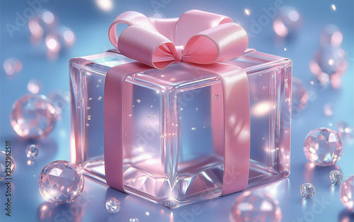 Elegant Glass Gift Box with Pink Ribbon and Diamond Accents on Blue Background