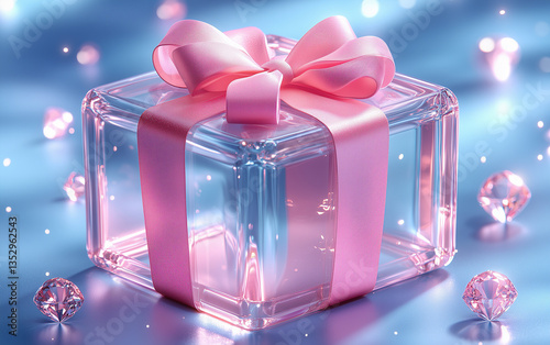 Elegant Glass Gift Box with Pink Ribbon and Diamonds on Blue Background