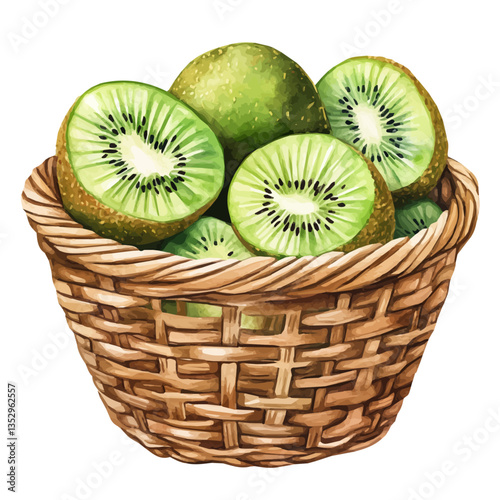A watercolor vector painting of a kiwifruit basket, isolated on a white background. Kiwifruit basket vector.

