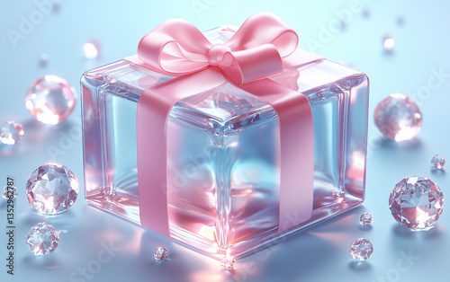 Elegant Glass Gift Box with Pink Ribbon and Diamonds on Light Blue Background